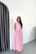 KETEN ÇİZGİLİ YELEK - UZUN ETEK TAKIM - Pembe resmi
